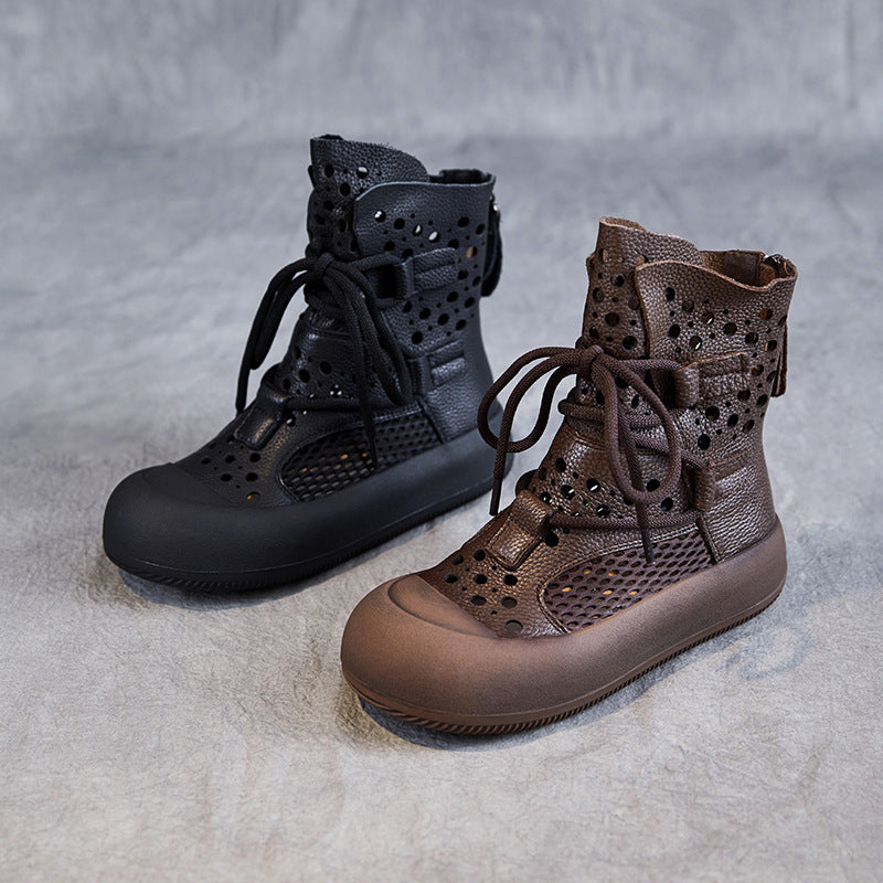 Women Retro Plain Hollow Leather Mesh Casual Boots-RAIIFY