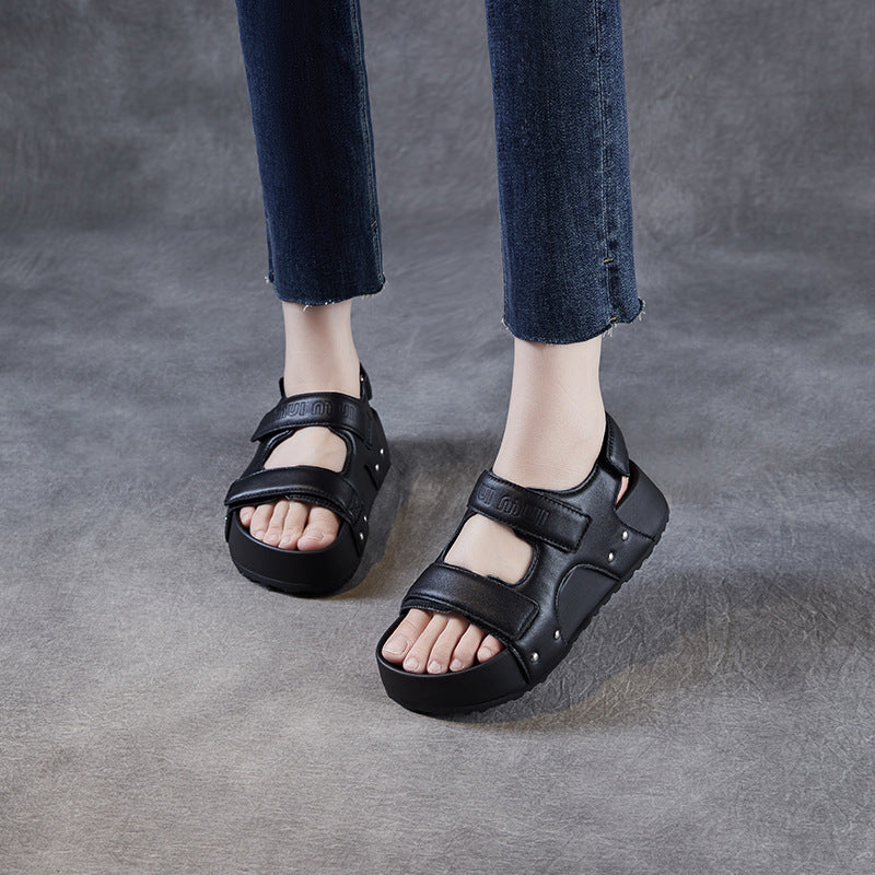 Women's Plain Leather Summer Casual Velcro Sandals-RAIIFY