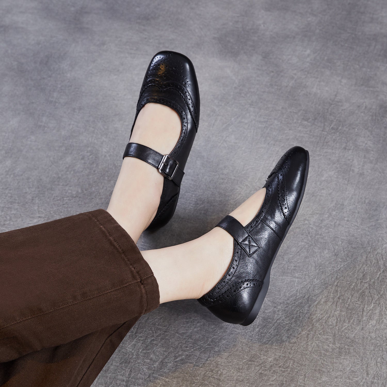 Women Leather Vintage Square Toe Mary Jane Flats-RAIIFY