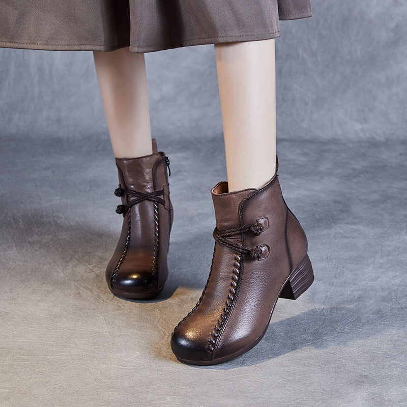 Women's Retro Leather Winter Furred Low Block Ankle Boots-RAIIFY