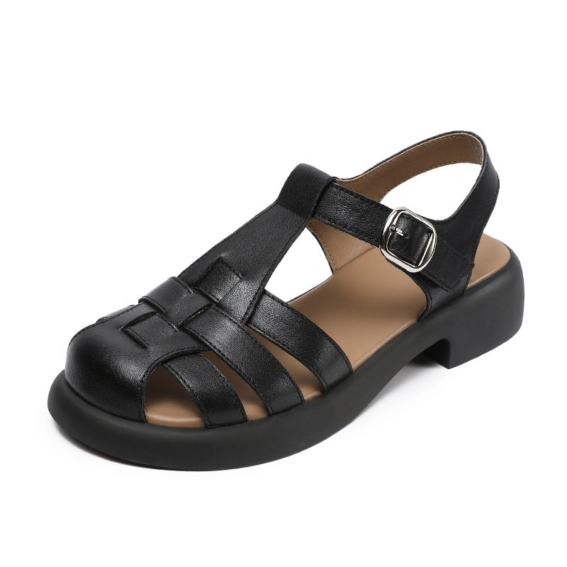 Women Summer Round Head Leather Casual Sandals-RAIIFY