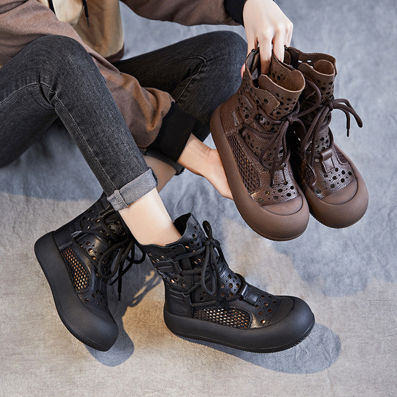 Women Retro Plain Hollow Leather Mesh Casual Boots-RAIIFY