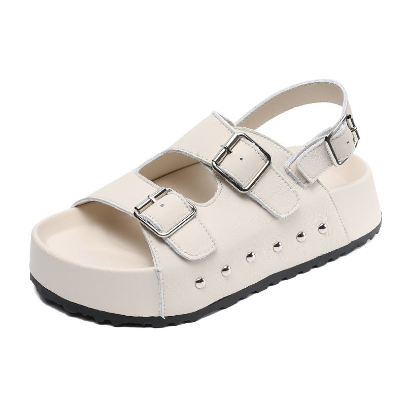 Women Summer Plain Leather Buckle Casual Sandals-RAIIFY