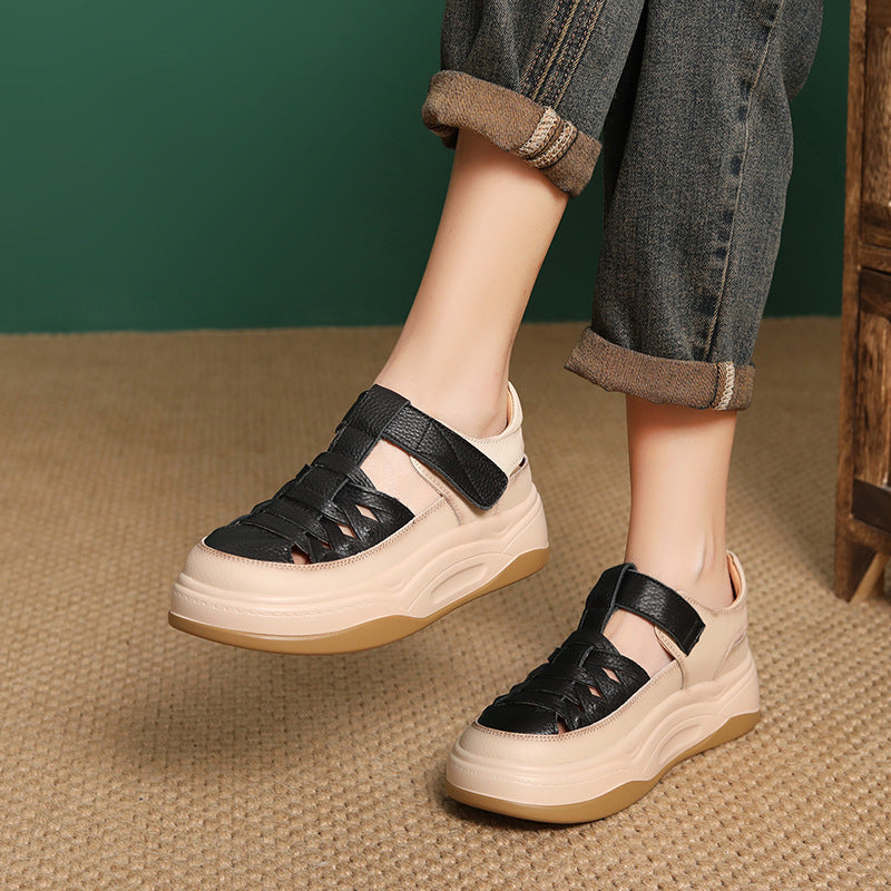 Women's Casual Plaited Leather Round Head Velcro Sandals-RAIIFY