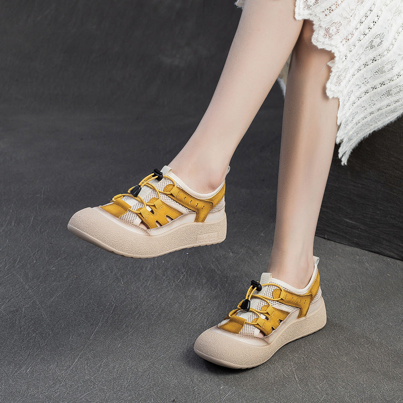 Women Hollow Mesh Leather Elastic Lace Casual Shoes-RAIIFY