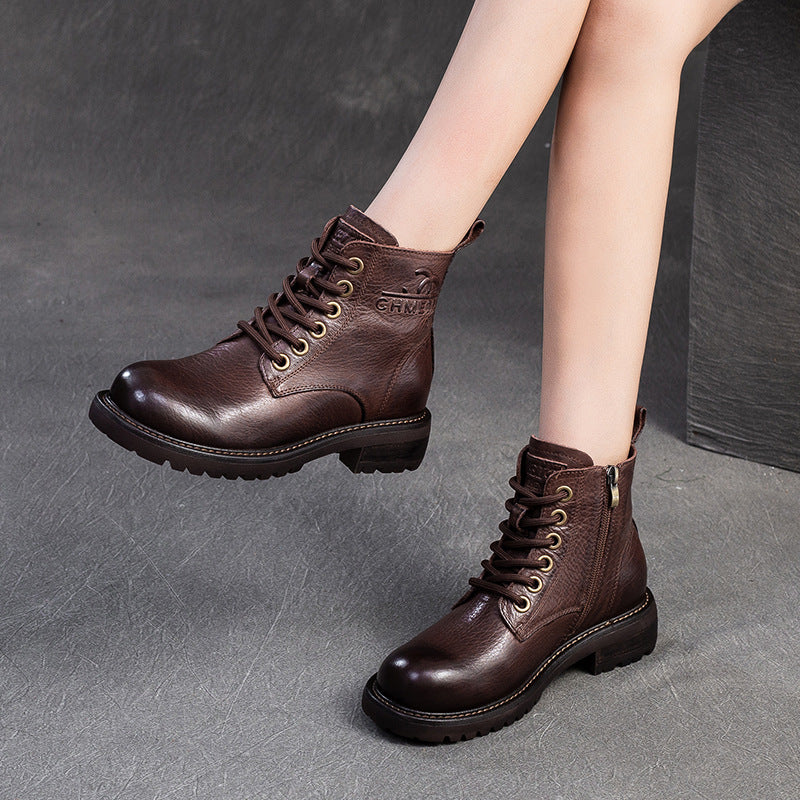 Women Vintage Solid Leather Casual Ankle Boots-RAIIFY