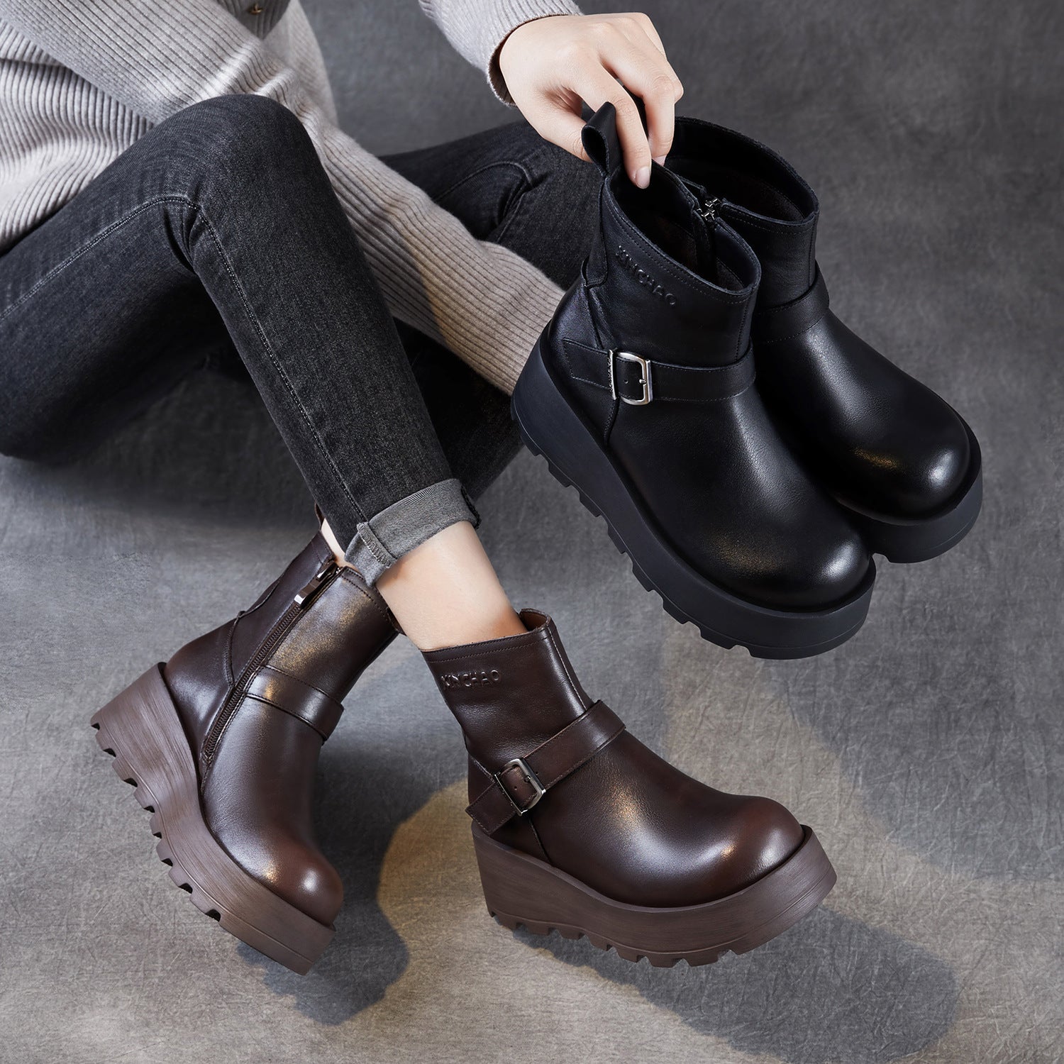 Women's Vintage Plain Leather Chunky Platform Ankle Boots-RAIIFY