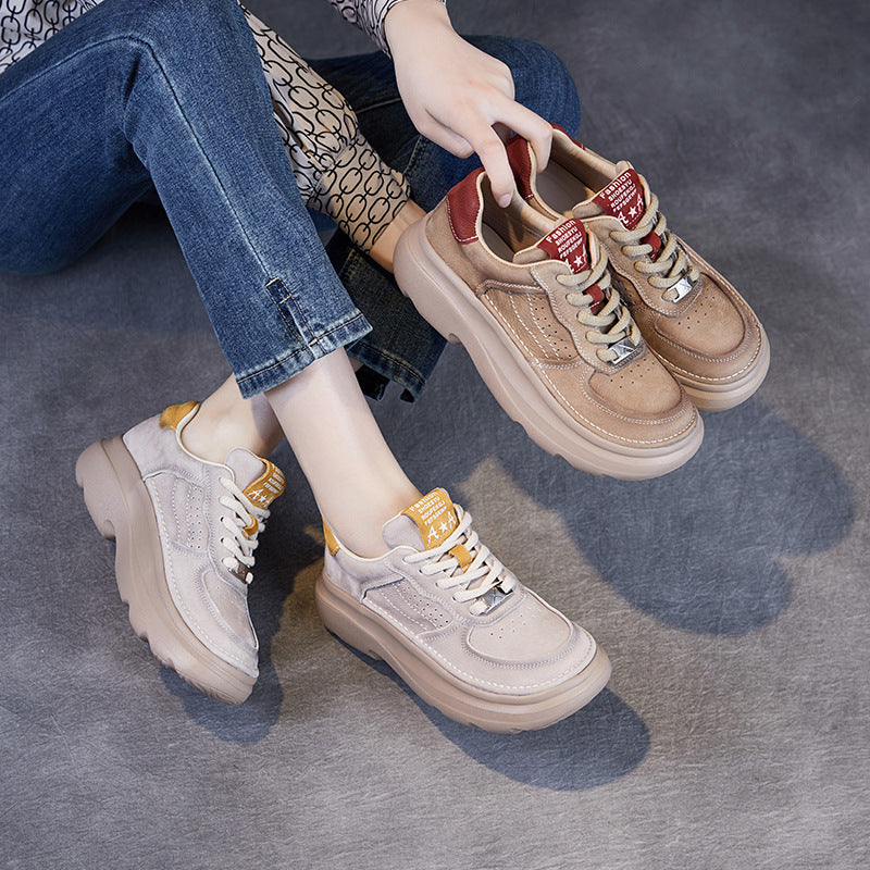 Women Fashion Breathable Leather Thick Soled Casual Sneakers-RAIIFY