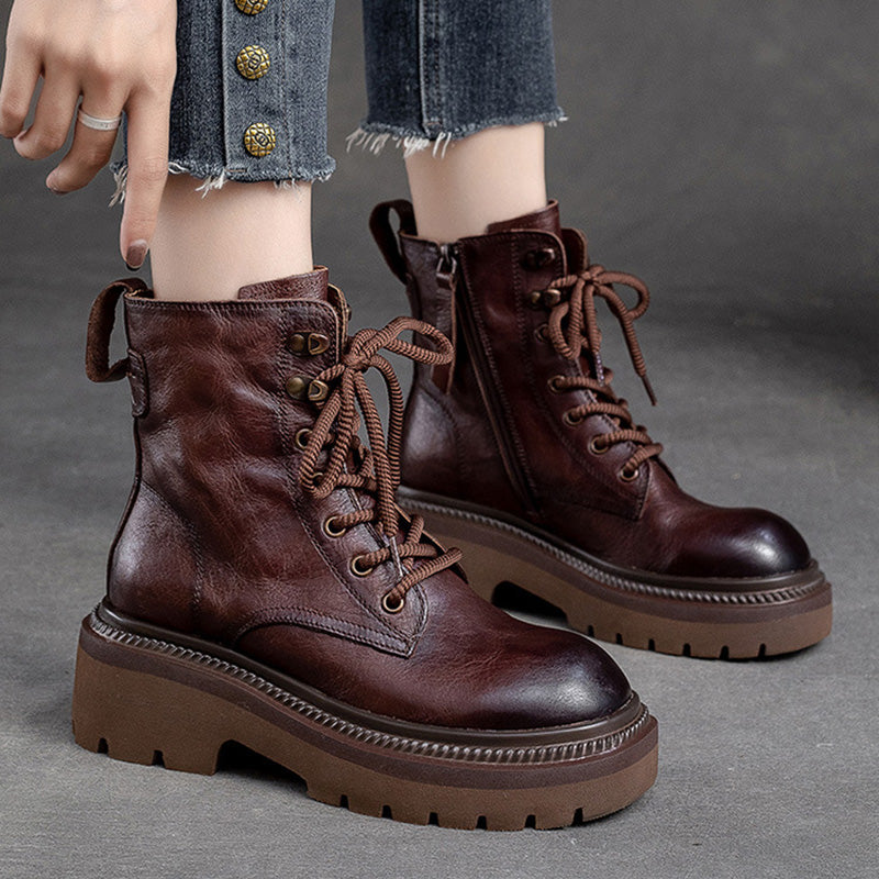 Women Classic Leather Thick Soled Combat Boots-RAIIFY