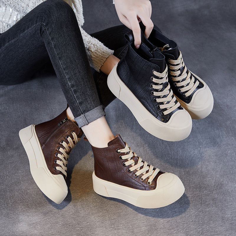 Women's Casual Plain Leather Flat Ankle Boots-RAIIFY