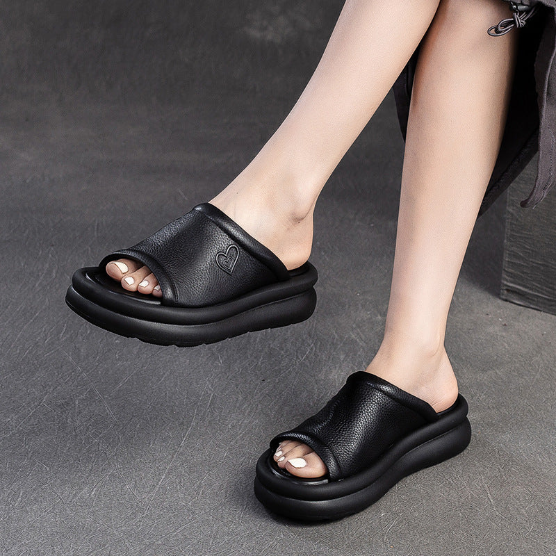 Women Casual Leather Soft Platform Slides Sandals-RAIIFY