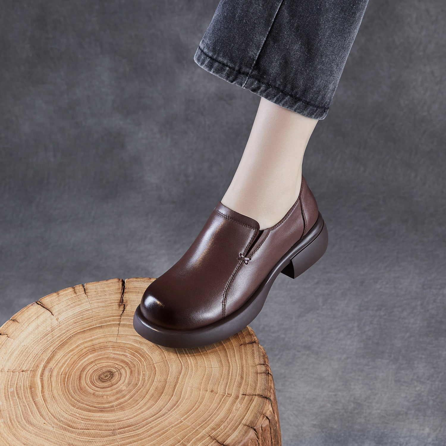 Women's Minimalist Plain Leather Thick Soled Loafers-RAIIFY