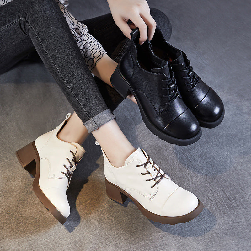 Women Minimalism Solid Leather Chunky Heel Casual Shoes-RAIIFY