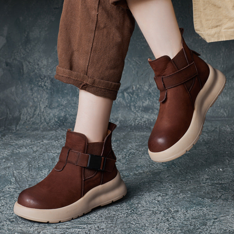 Women Retro Solid Leather Buckle Ankle Boots-RAIIFY