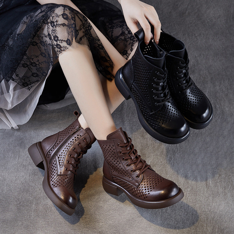 Women Retro Plain Hollow Leather Breathable Boots-RAIIFY