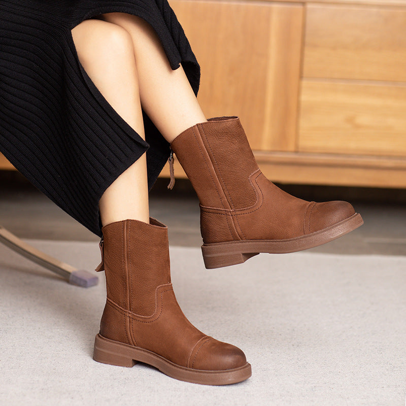 Women Retro Minimalism Solid Leather Boots-RAIIFY