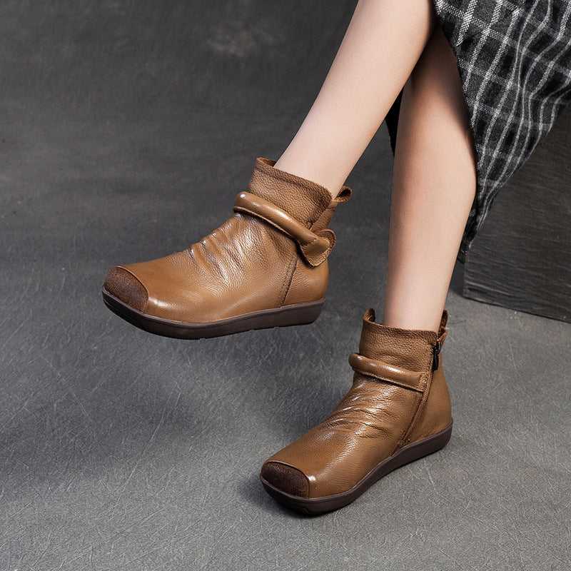 Women Vintage Leather Flat Ankle Boots-RAIIFY