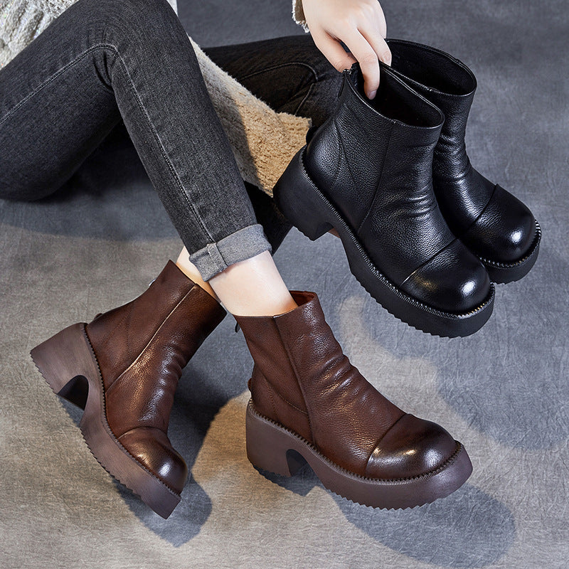 Women Retro Solid Leather Chunky Heel Casual Boots-RAIIFY