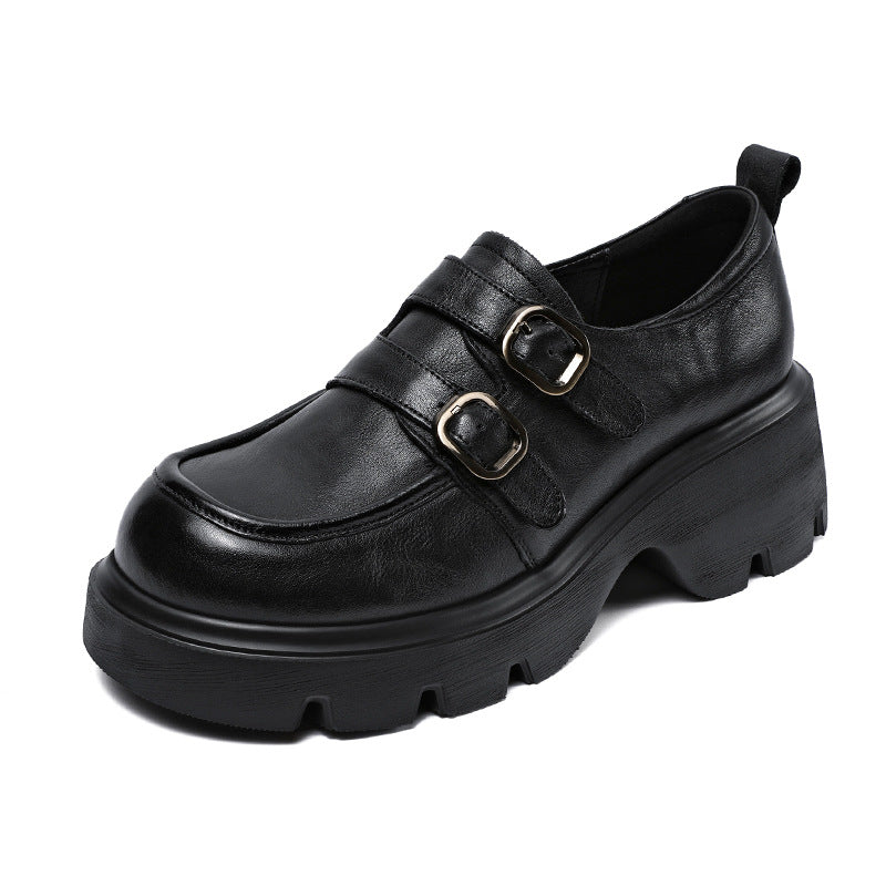 Women Retro Leather Buckle Thick Soled Loafers-RAIIFY