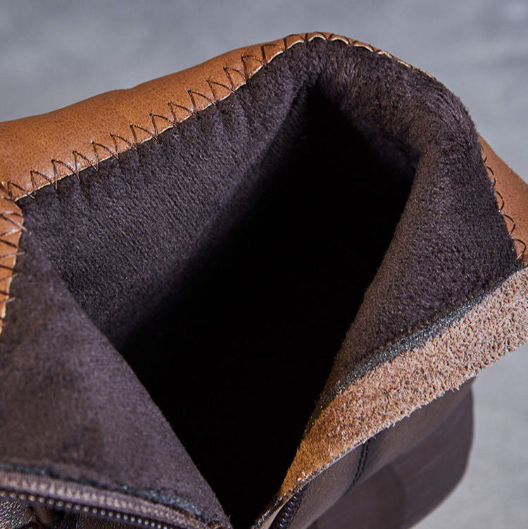 Women's Retro Leather Winter Furred Low Block Ankle Boots-RAIIFY