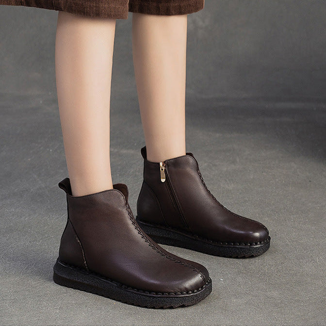 Women's Vintage Plain Leather Furred Flat Ankle Boots-RAIIFY