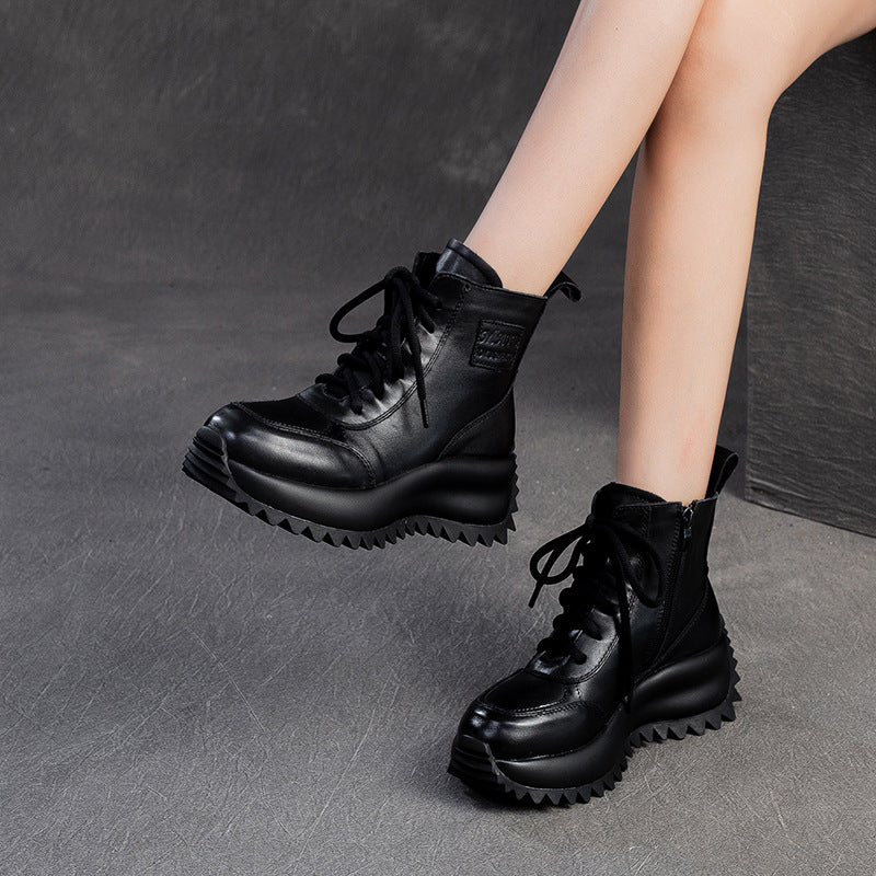 Women Vintage Solid Leather Lug Sole Ankle Boots-RAIIFY