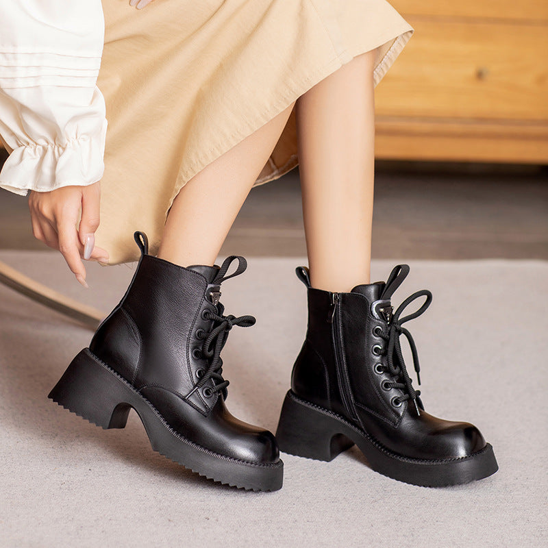 Women Vintage Leather Chunky Platform Boots-RAIIFY