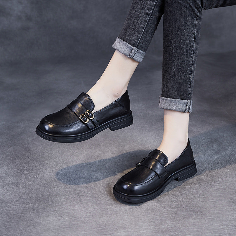 Women Retro Solid Leather Buckle Flat Loafers-RAIIFY