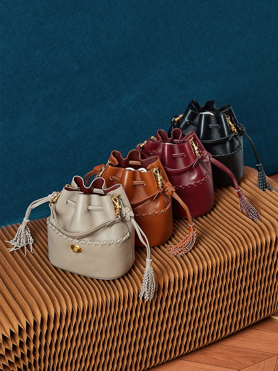 Women's Leather Tassel Lacing Bucket Bag-RAIIFY