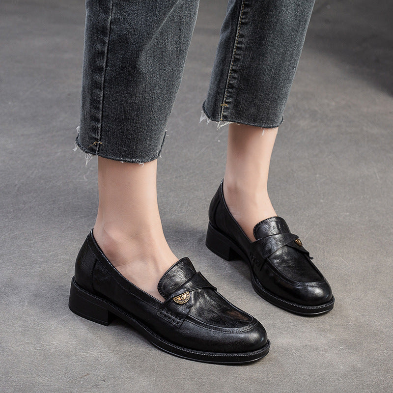 Women Leather Casual Low Block Retro Loafers-RAIIFY