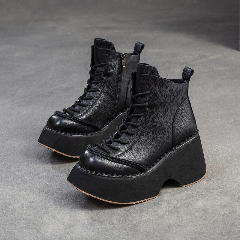 Women Retro Minimalism Leather Chunky Platform Boots-RAIIFY