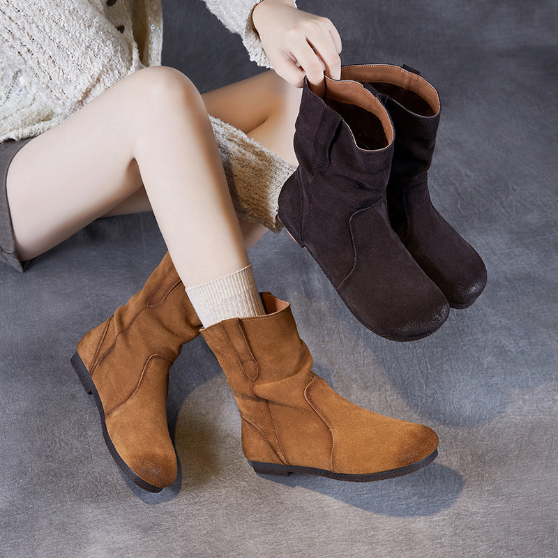 Women Vintage Solid Suede Flat Casual Boots-RAIIFY