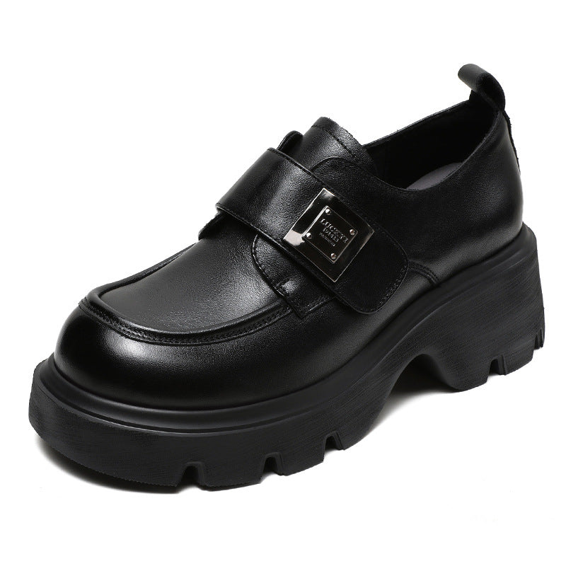 Women Retro Leather Velcro Tape Chunky Platform Loafers-RAIIFY