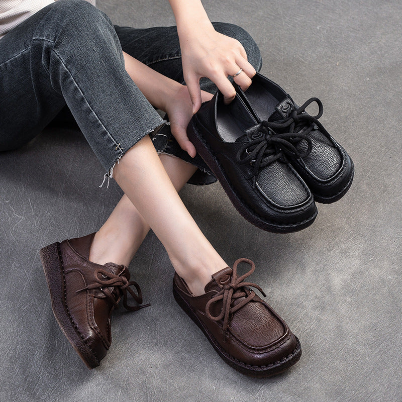 Women Vintage Leather Soft Lace-up Casual Shoes-RAIIFY