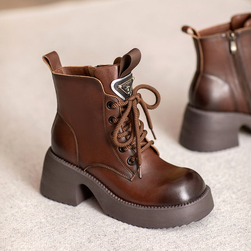 Women Vintage Leather Chunky Platform Boots-RAIIFY