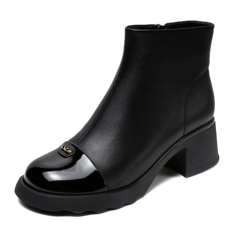 Women Minimalism Leahter Chunky Heel Ankle Boots-RAIIFY