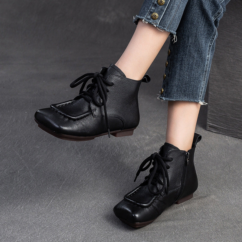 Women Solid Leather Work Soft Flat Ankle Boots-RAIIFY