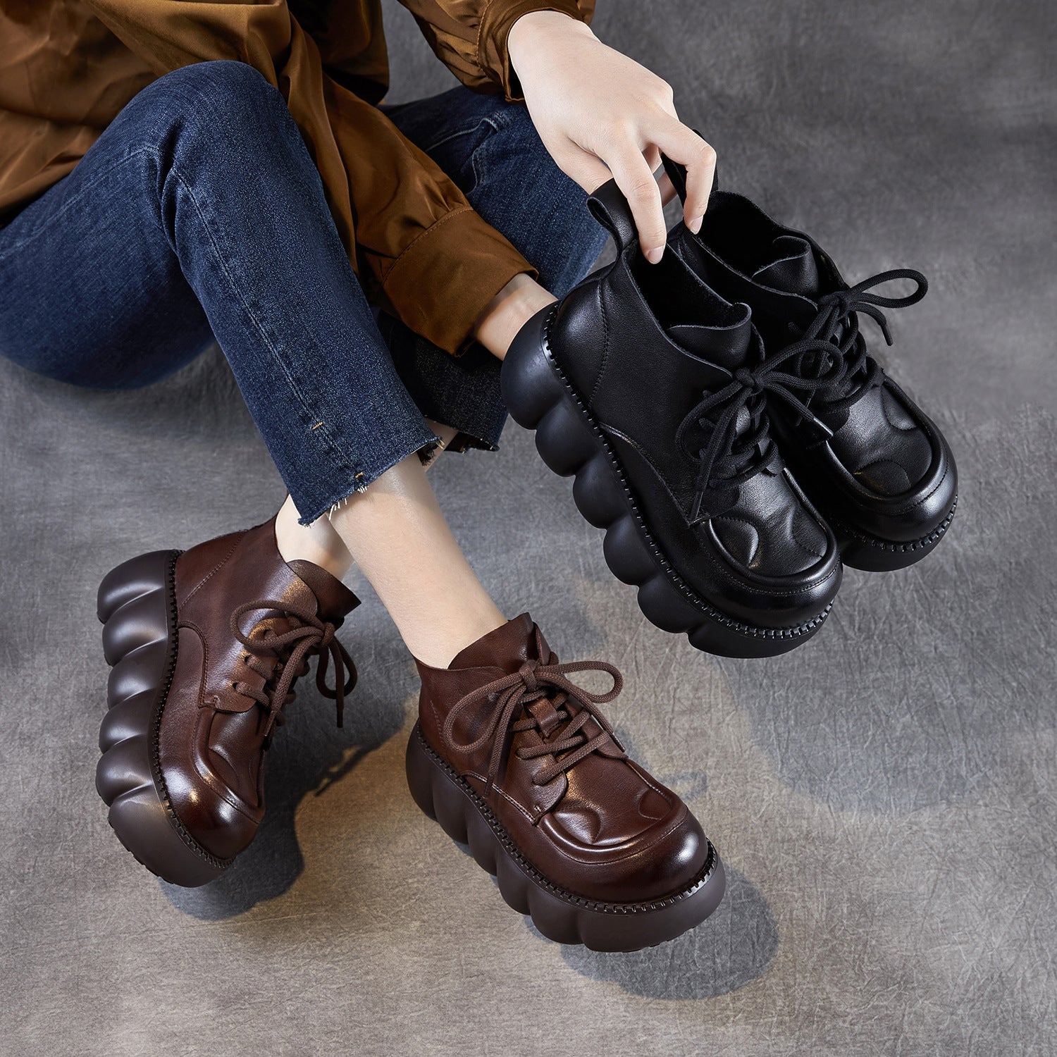 Women's Soft Leather Chunky Platform Ankle Boots-RAIIFY