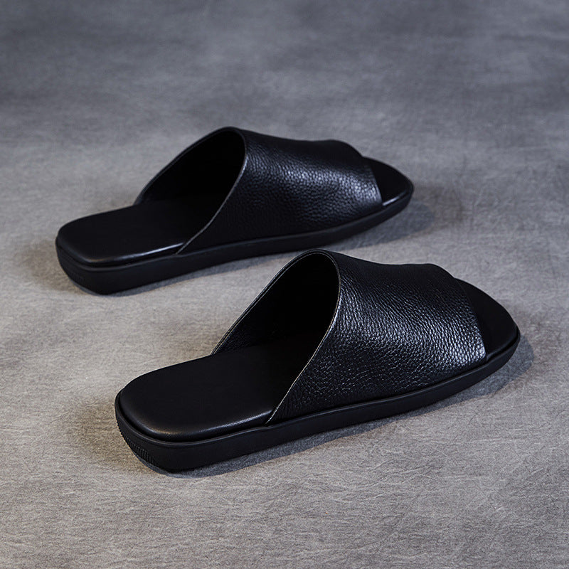 Women Retro Leather Flat Soft Casual Slides-RAIIFY