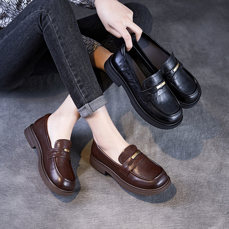 Women Retro Solid Leather Casual Loafers-RAIIFY