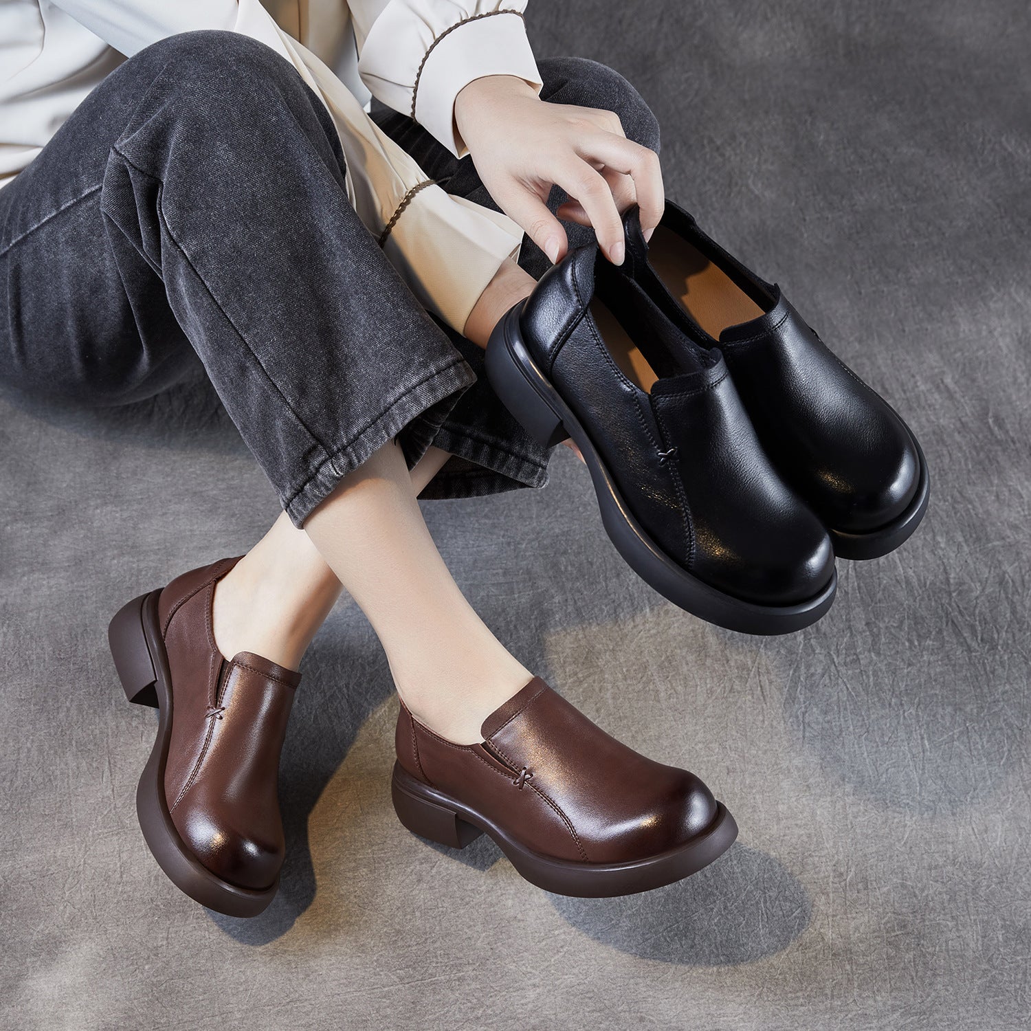 Women's Minimalist Plain Leather Thick Soled Loafers-RAIIFY