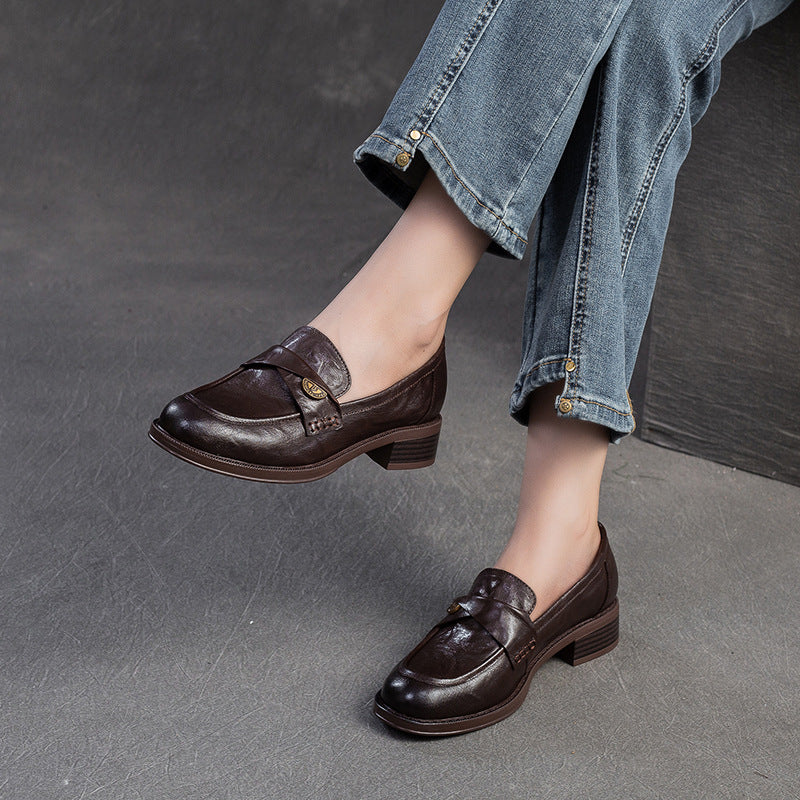 Women Leather Casual Low Block Retro Loafers-RAIIFY