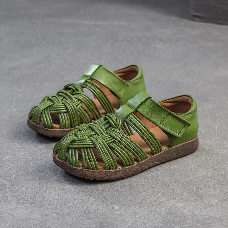 Women Retro Round Head Plaited Leather Casual Sandals-RAIIFY