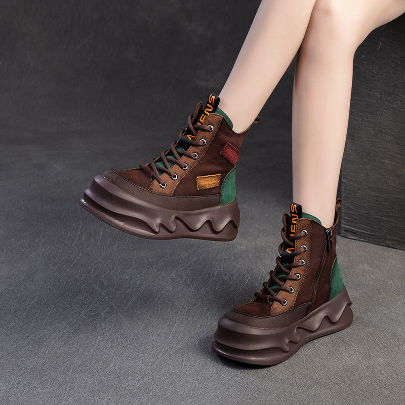 Women Retro Color Matching Leather Winter Platform Boots-RAIIFY