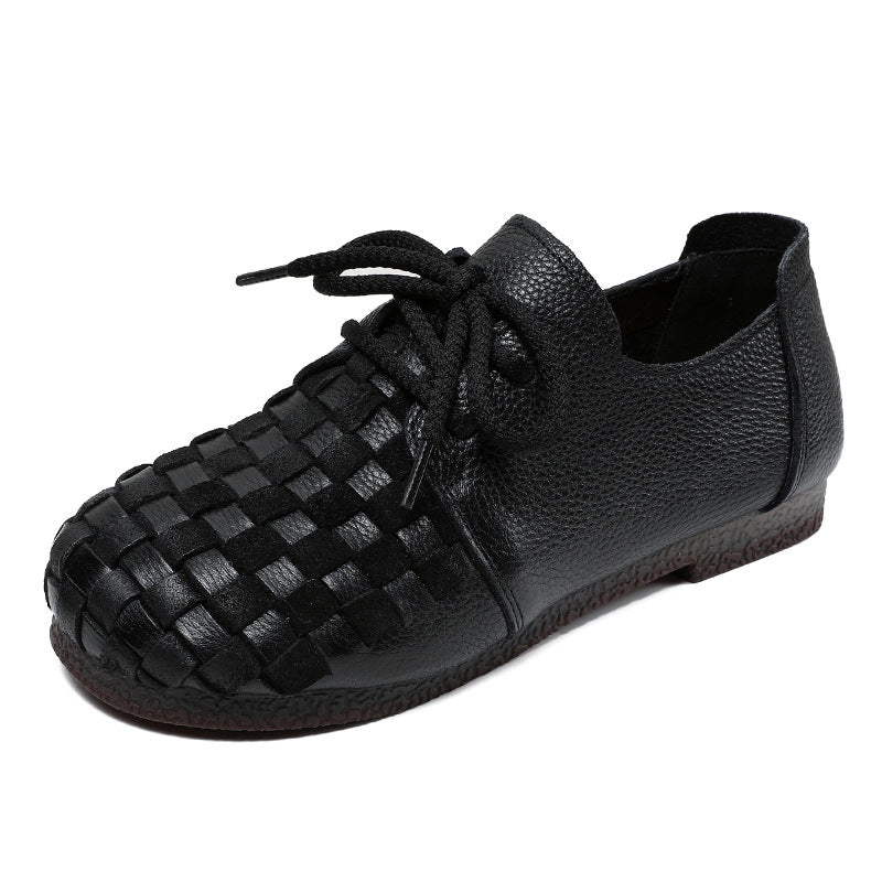 Women Retro Soft Plaited Leather Flat Casual Shoes-RAIIFY