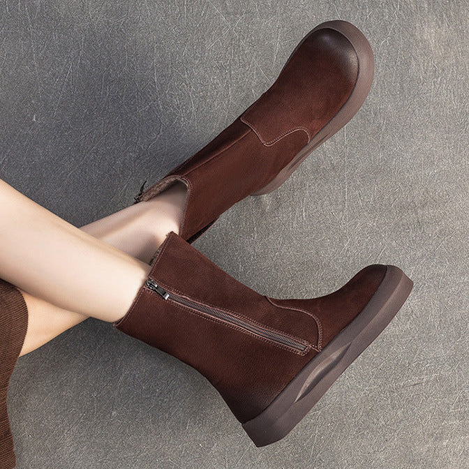 Botas de media caña de piel retro para mujer con forro polar