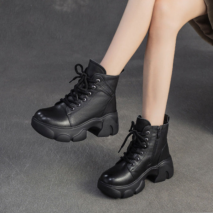 Women's Vintage Leather Wool Platform Boots-RAIIFY