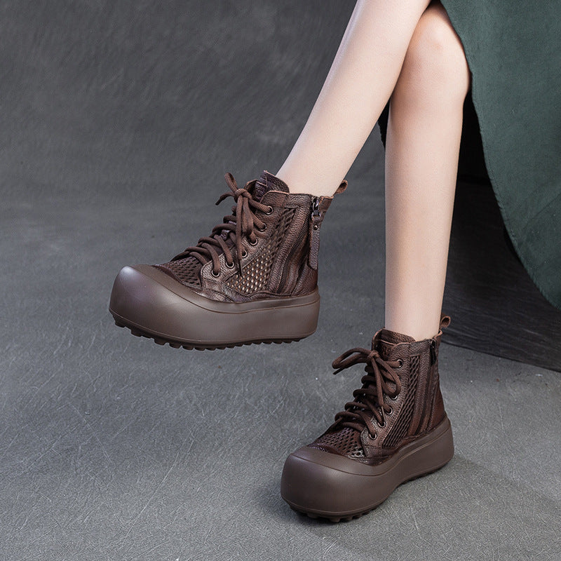 Women Retro Plain Leather Breathable Mesh Thick Soled Boots-RAIIFY