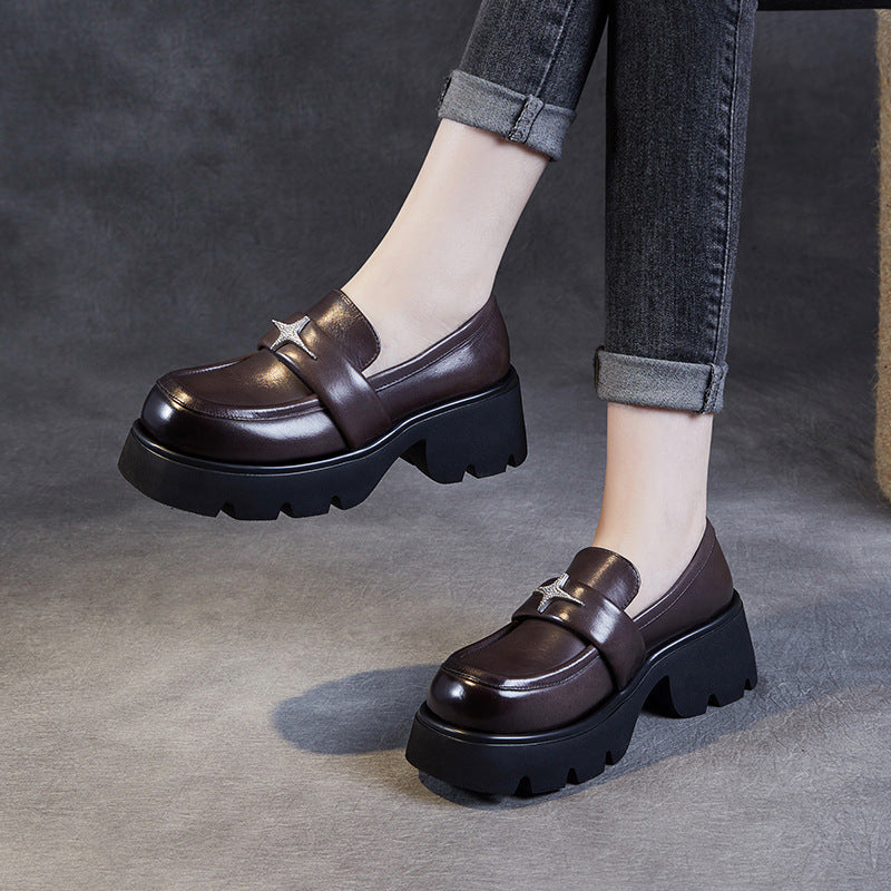 Women Retro Leather Platform Casual Loafers-RAIIFY