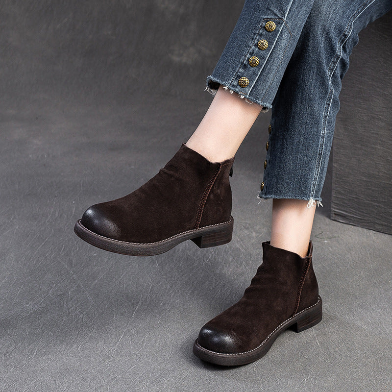 Women Retro Solid Nubuck Back Zipper Ankle Boots-RAIIFY